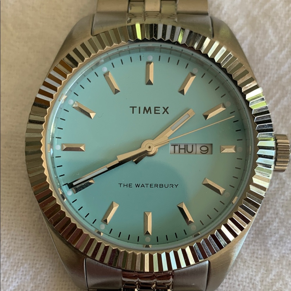 Timex Waterbury Legacy quartz watch w Sky Blue Dial and Stainless Steel Bracelet